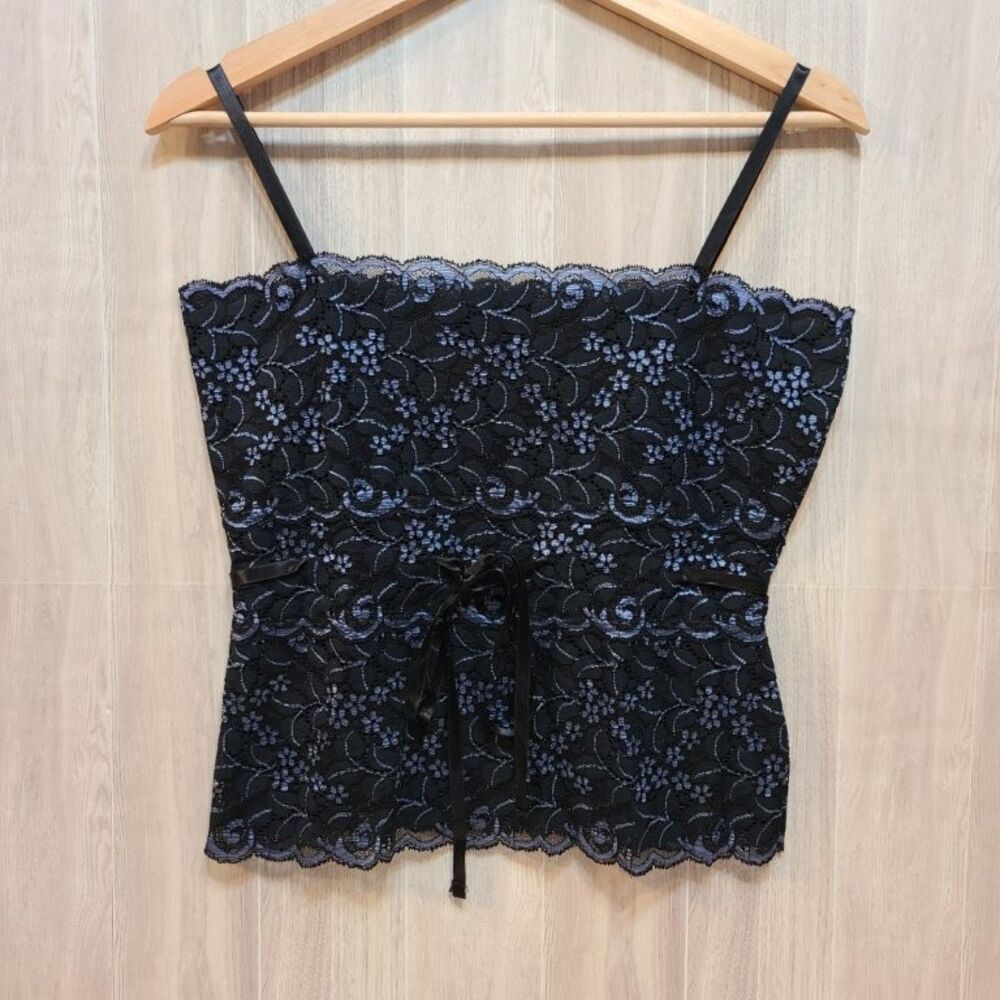 Karen Kane Top M Black Blue Accent Lace Corset Bustier Boho Ribbon Tie Back Tank